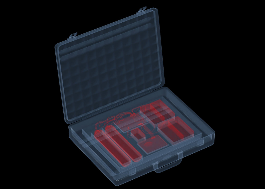 Open briefcase with red tools inside