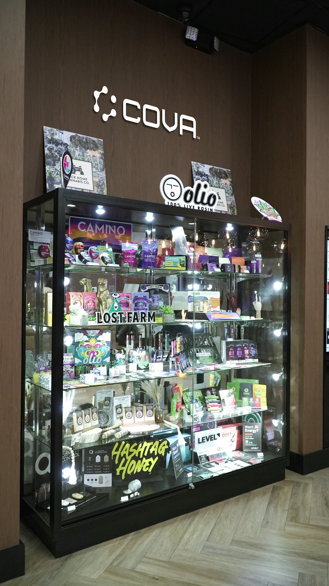 Display case filled with various products inside a store.